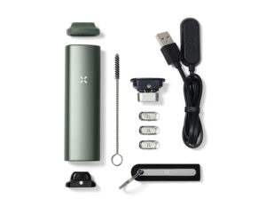 PAX Plus vaporizer alongside its Flat & Raised Mouthpieces and Maintenance Kit.