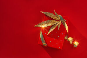 Beautiful Christmas present with gold cannabis leaf bow.