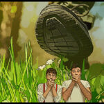 Cartoon illustration of two smoke shop owners looking up at a giant retailer's looming presence.