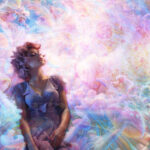 Woman surrounded by psychedelic imagery