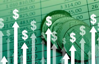 Dollar currency growth concept with upward arrows on charts and coins background.