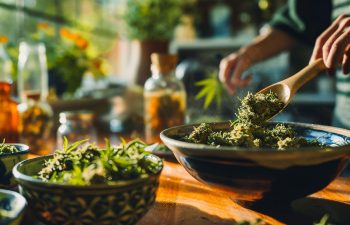 Cannabis buds being tossed in a bowl